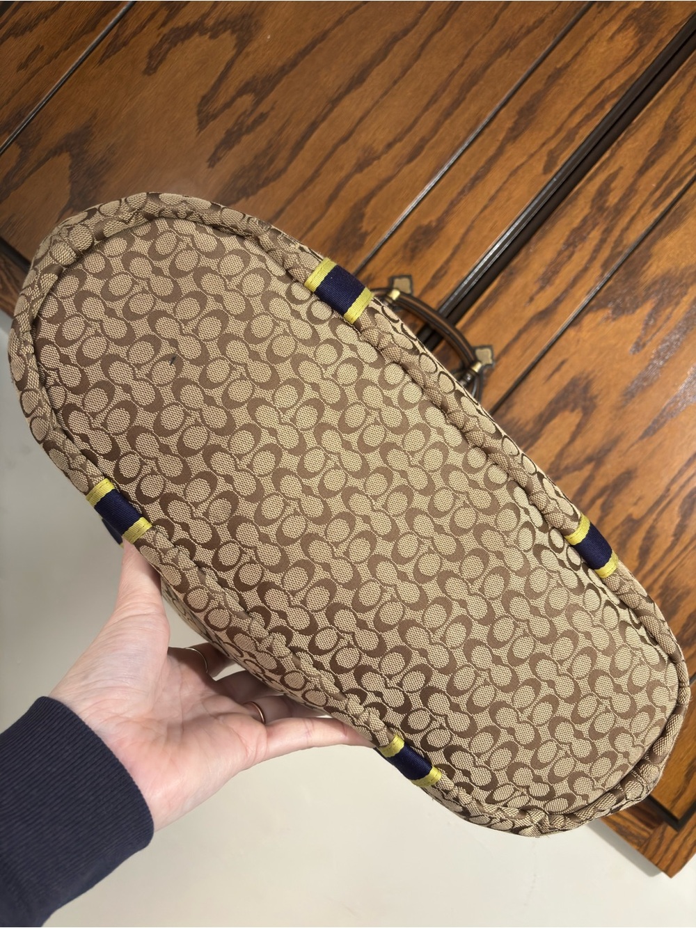 Coach Slouchy Brown Canvas Hobo Tote Purse Leather Trim Navy Yellow Stripes - Picture 9 of 16